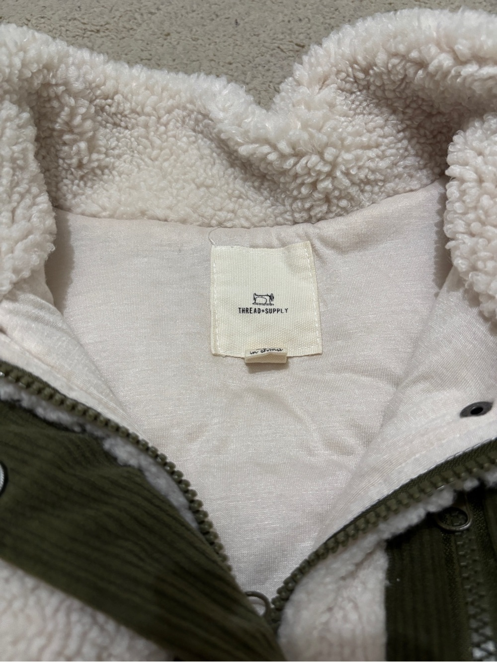 Thread & Supply Kids Cream Sherpa Jacket with Olive Green Trim